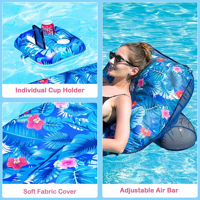 FindUWill Inflatable Pool Float Lounger - Fabric Pool Float with Cup Holder, Backrest, Swimming Water Floaties Pool Raft for Adults
