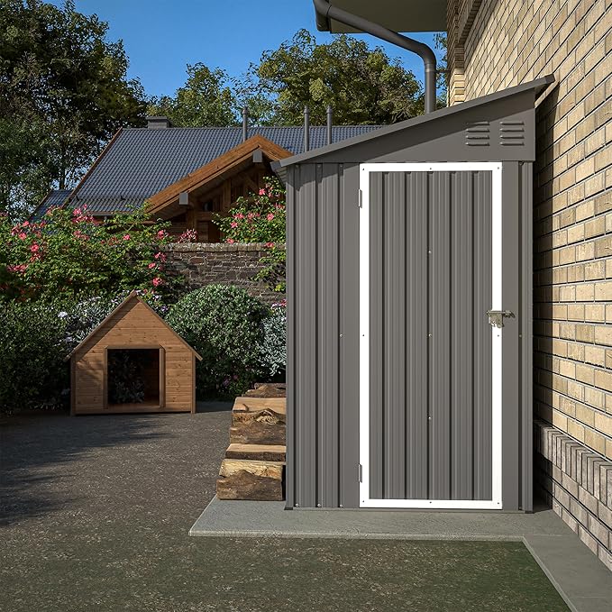 4×8 FT Lean to Metal Shed,Outdoor Heavy-Duty Storage Shed with Floor Base,All Weather Waterproof Garden Tool House W/Lockable Door&2 Air Vents,Reversible Door Design,for Backyard,Patio,Lawn,Gray