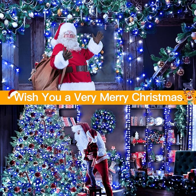 Ollny Christmas Lights Outdoor Indoor Decor, 132FT 400LED Blue & White String Lights 8 Modes Plug in Waterproof, Xmas Fairy Lights with Remote for Tree House Holiday Yard Bedroom Home Party