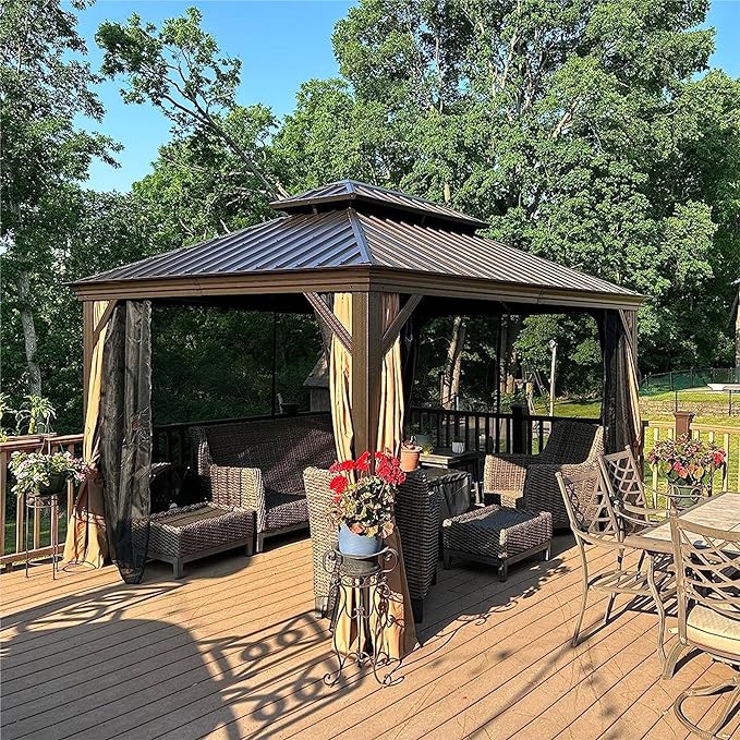 Domi 10' X 12' Hardtop Gazebo Permanent Outdoor Gazebo with Galvanized Steel Double Roof, Aluminum Frame, Curtains and Netting for Patio Lawn and Garden, Brown
