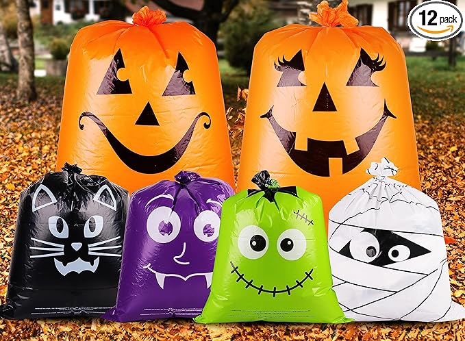 POPGIFTU 12 Pack Halloween Lawn Leaf Bags - Heavy Duty Plastic Trash Bags with Twist Ties, 6 Designs Large Pumpkin Yard Waste Bags for Garden, Lawn, Porch, Indoor Outdoor Halloween Decorations