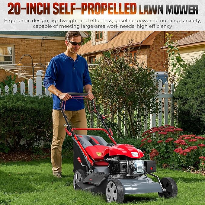 3 in 1 Gas Lawn Mower Self Propelled,173cc OHV Engine with Air Cooling, 20" Steel Deck,8-Level Height Adjustment, 60L Grass Catcher, Foldable Design for Yard Patio Lawn Red (US Fast Arrival