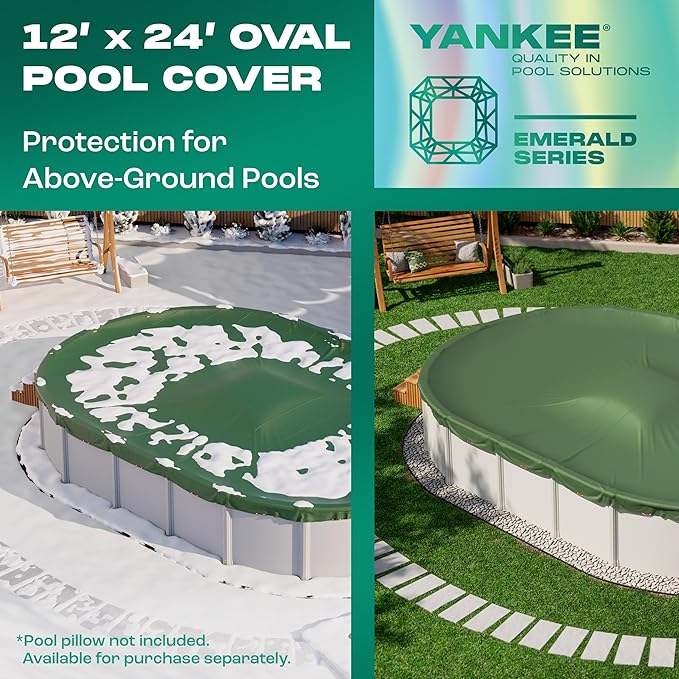 Yankee Emerald Series Pool Covers for Above Ground Pools | Oval 12x24 ft Swimming Pool Cover w/Steel-Core Cable, Winch for Winterization | 9 mil Medium-Thickness for Off-Season, On-Season Protection