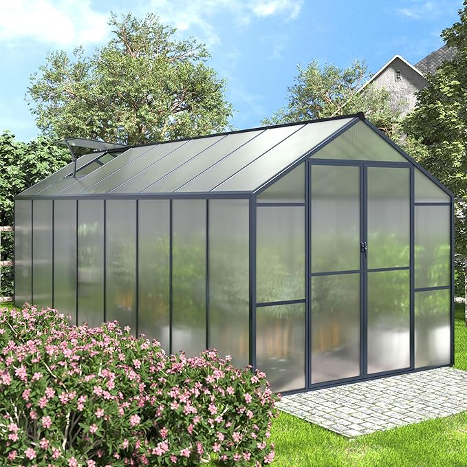 BlueWish 8x16 FT Greenhouses for Outdoors, Greenhouse with Rivet Structure, Adjustable Vents, Aluminum Greenhouse Kit with 4MM Polycarbonate Panel, Walk-in Green House for Garden, Gray