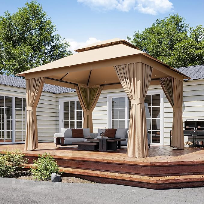 Outdoor Gazebo Metal Frame Patio Pergola Double Roofs Patio Canopy with Double-Layer Door and Mosquito Netting for Deck, Backyard, Lawn (Beige, 10x12FT)
