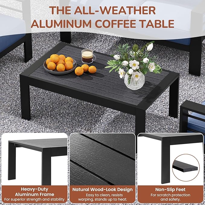 Solaste Aluminum Patio Furniture Set, 5 Seats Modern Outdoor Conversation Set Sectional Sofa with Upgrade Cushion and Coffee Table,Black Frame and Blue Cushion