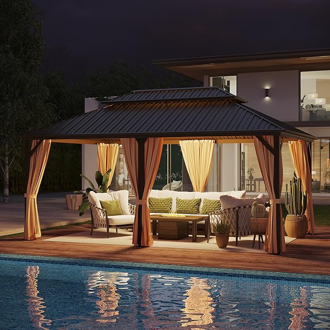 12'x18' Hardtop Gazebo Outdoor Aluminum Patio Gazebo Double Roof Galvanized Steel Canopy with Netting and Curtains for Garden, Backyard,Deck and Lawns
