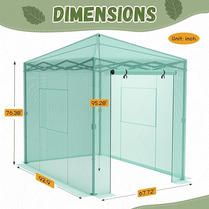 Devoko Walk-in Greenhouse, Instant Pop Up Green House for Outdoors with Zippered Door and 2 Roll-up Windows, PE Cover, Portable and Easy Assemble (Green, 8x6 Feet)