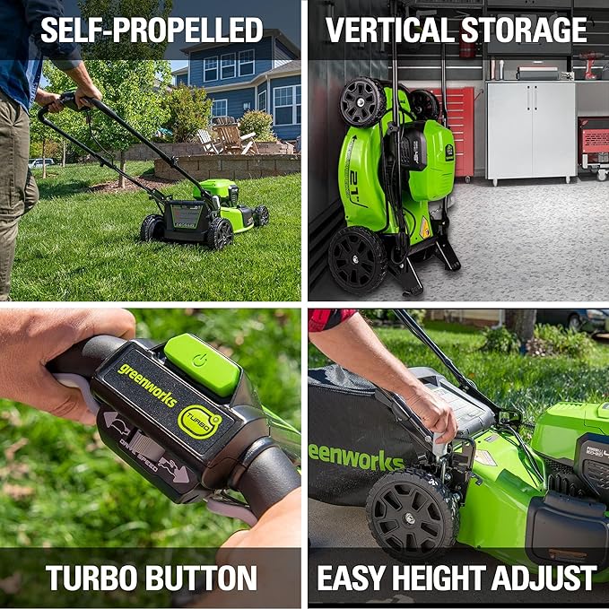 Greenworks 48V (2x24V) Electric Lawn Mower Combo Kit: 21" Self - Propelled Mower, 12" String Trimmer, 320 CFM Blower, and 1/2”Drill & 1/4”Hex Impact Driver, 5 Batteries & 3 Chargers, 3-Year Warranty