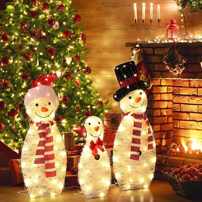 LuxenHome 30" Lighted Snowman Family Outdoor Decorations, 2D Flocked Snowman Family Holiday Decorations Outdoor and Indoor Holiday Display, Christmas Yard Decorations with 100 LED Lights