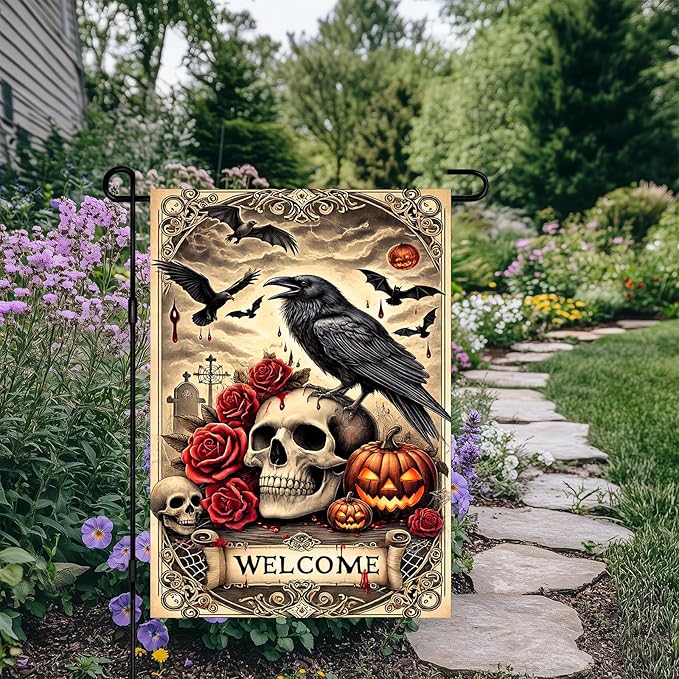 Halloween Garden Flag 12x18 Inch Gothic Skull Raven Flag Double Sided Spooky Yard Banner Pumpkin Bat Scene Outdoor Fall Decoration for Porch Lawn Patio Seasonal Welcome