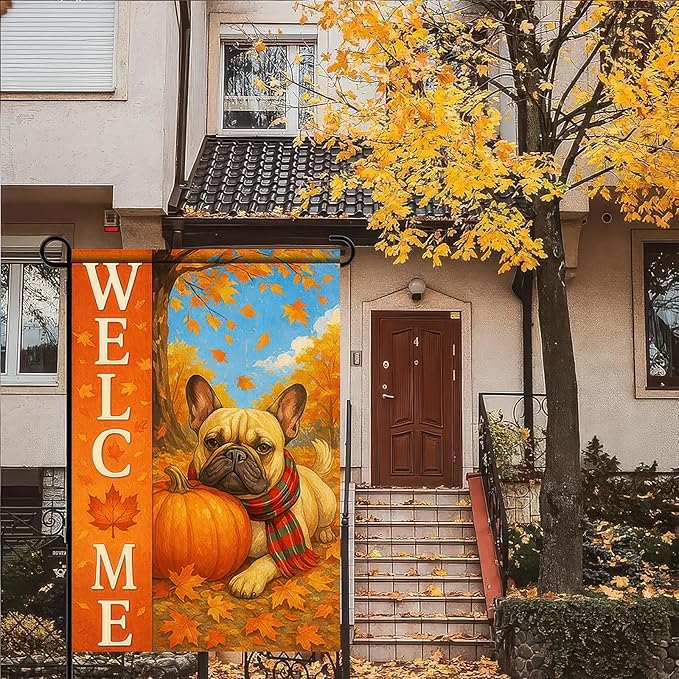 Thanksgiving Fall Garden Flag 12x18 Inch Welcome French Bulldog Dog Outdoor Flag Double Sided Autumn Yard Banner with Pumpkin Plaid Scarf Decor for Porch Lawn Patio