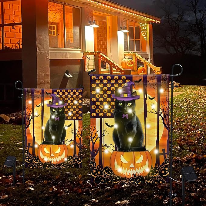 FLAGWIX Halloween Garden Flag - Solar Flag Light for Garden Decor 11.5"x17.5" - Fall Flags for Halloween Decorations, Black Cat Yard Flags for Fall Outdoor Decor, Outside Decorations for Yard