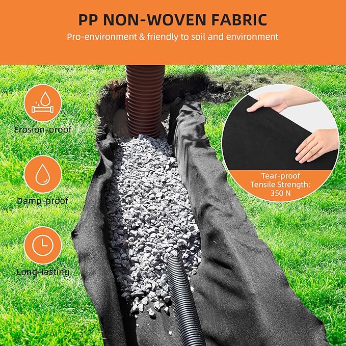 Towallmark Geotextile Landscape, 6ft x 100ft & 6oz Geotextile Fabric, PP Drainage 350N Tensile Strength & 440N Load Capacity, for Driveway & Road Stabilizationr, Erosion Control, French Drains