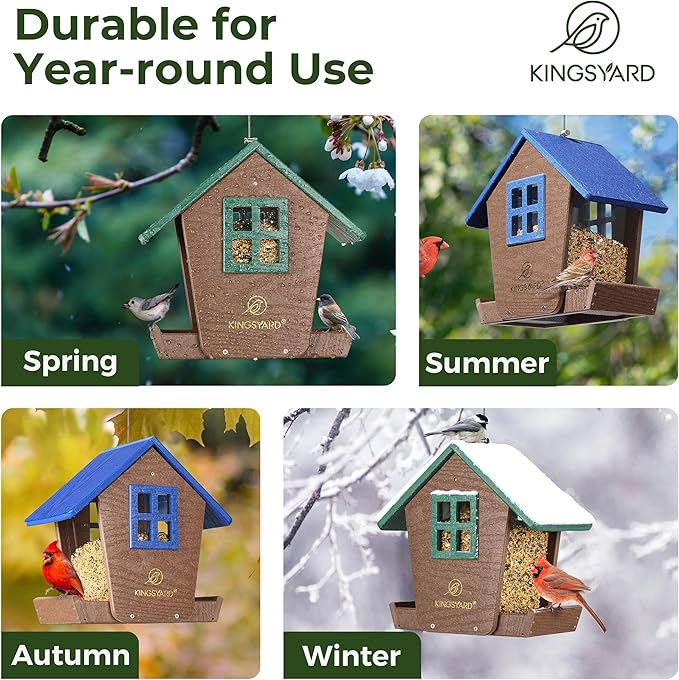 Kingsyard Bird Feeder House for Outdoors Hanging, Recycled Plastic Large Bird Feeder with Weatherproof Roof & Seed Tray for Finch Cardinal Chickadee, Large Capacity 4 lbs, Garden Yard Outside Decor