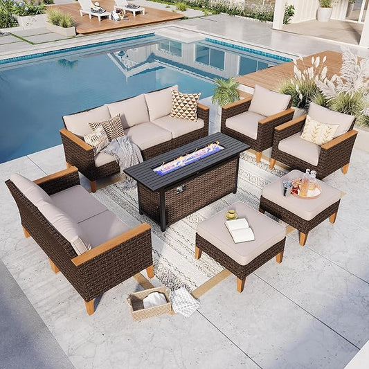 GREEN PARTY 9 Pieces Wicker Patio Furniture Set with 56" Fire Pit Table, All-Weather Outdoor Rattan Patio Sectional Sofa Conversation Set 9 Seats with 4" Thick Cushions for Garden, Backyard