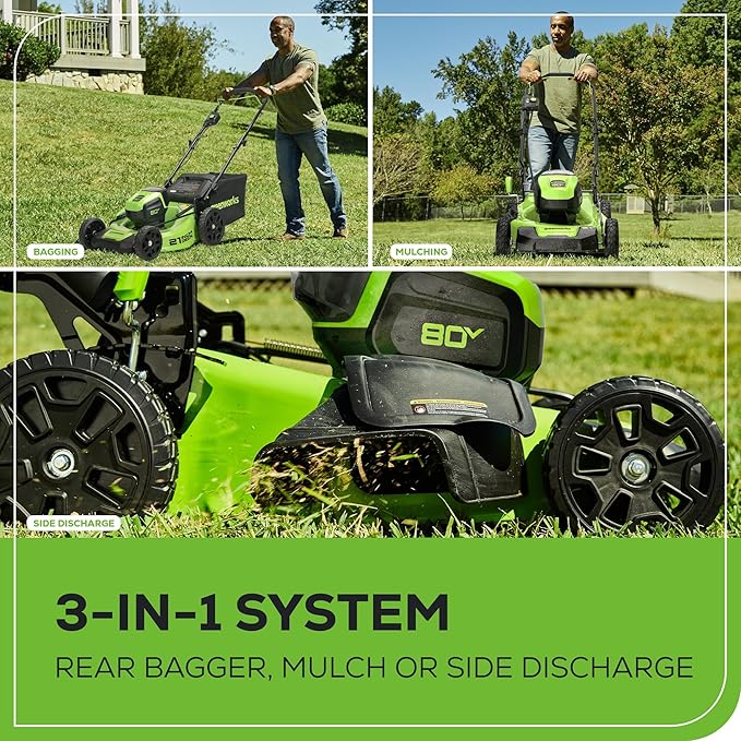 Greenworks 80V 21” Brushless (Push) Cordless Electric Lawn Mower + (500 CFM) Axial Leaf Blower (75+ Compatible Tools), (2) 2.0Ah Batteries and 30 Minute Rapid Charger