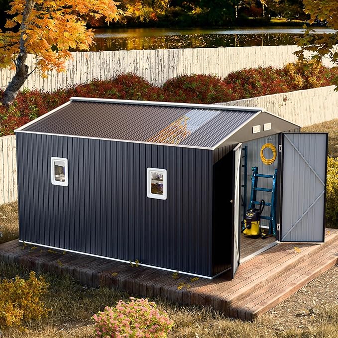 10x10 FT Metal Outdoor Shed with Floor Base Waterproof Large Tool House with Unique Clear Roof Skyview Windows Air Vents Door for Garden Patio Backyard Storage Lawnmower,Garage,Dark Grey