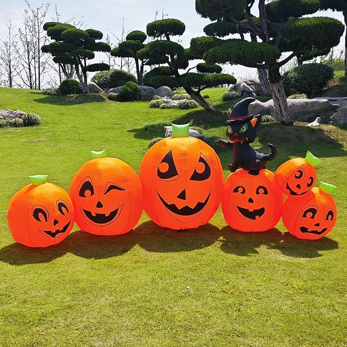 10FT Long Halloween Inflatable Pumpkin Patch with Black Witch's Cat, Giant Pumpkin Patch with Build-in LED Lights, Blow up Inflatable Decoration for Outdoor Large Party Yard Decoration
