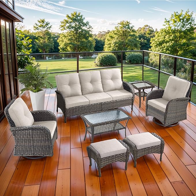 7 Piece Patio Furniture Set - Wicker Patio Conversation Set with Swivel Glider, 3 Seat Sofa, 2 Ottomans, Glass Side Table and Coffee Table for Deck Backyard - Brown Wicker Beige Cushion