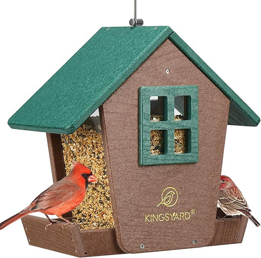 Kingsyard Bird Feeder House for Outdoors Hanging, Recycled Plastic Large Bird Feeder with Weatherproof Roof & Seed Tray for Finch Cardinal Chickadee, Large Capacity 4 lbs, Garden Yard Outside Decor