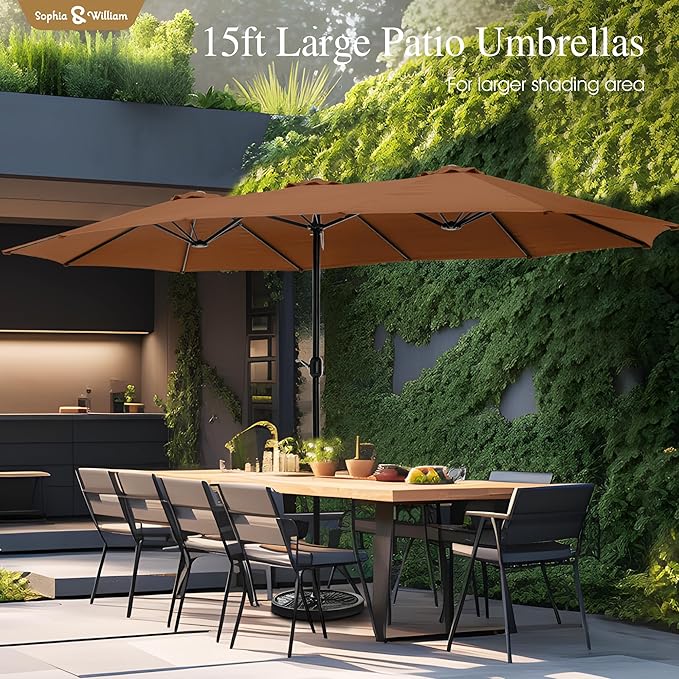 Sophia & William 15 ft Extra Large Patio Umbrella with Base Included, Rectangular Outdoor Umbrella Heavy Duty, Market Umbrella Double-sided Fade Resistant for Pool Garden Backyard, Maillard Tawny
