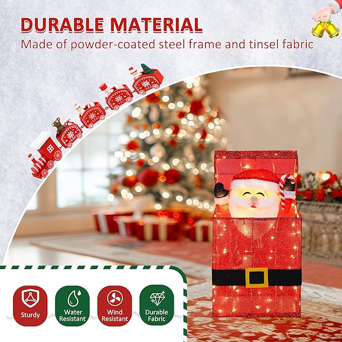 VEIKOU Lighted Christmas Santa Claus Decoration in Gift Box, Electric Santa Claus Christmas Yard Decoration with 100 Warm White LED Lights, 3D Xmas Holiday Ornament for Outdoor and Indoor