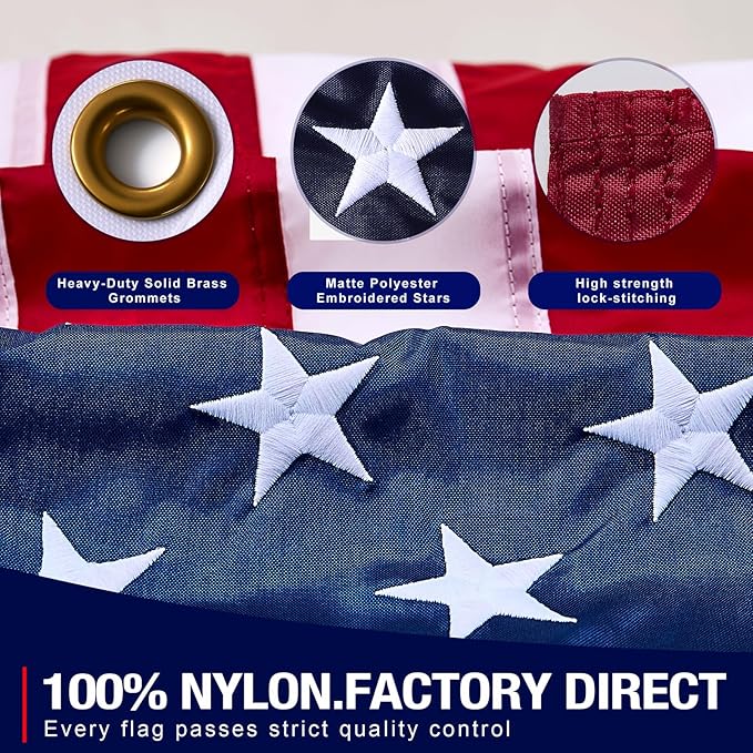 American Flag 3x5 FT, Premium Nylon Flags Ultra Durable Tear-Resistant and Weatherproof, Deluxe Embroidered Stars and Sewn Stripes, All Weather for Outdoor Use with Brass Grommets