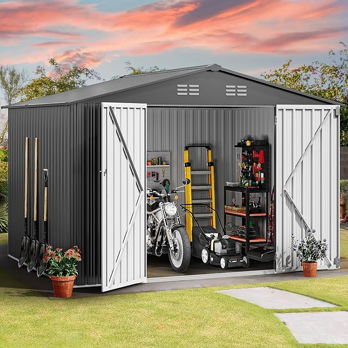 DWVO 10x8 FT Outdoor Storage Shed - Spacious Garden Tool Shed with Lockable Door - Durable Metal Yard Shed for Garden, Patio, and Backyard (Dark Gray)