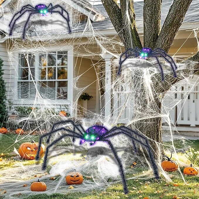 HOYECHI 3-Piece Lighted Halloween Spider - Holiday Decorations Outdoor Set of 3 Spider with 35 LED Lights for Front Yard Porch Gardens Party Outside Halloween Decor - Black