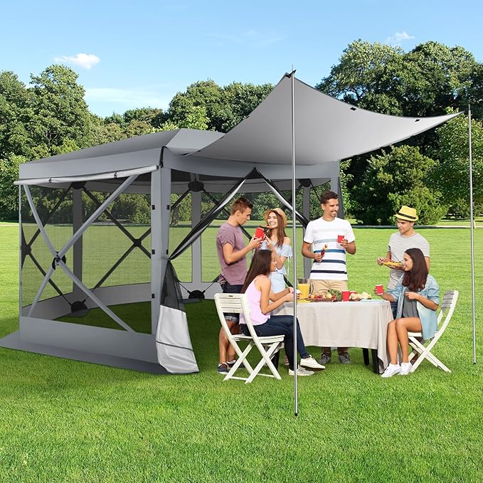 COBIZI 12x12 pop up Gazebo on Clearance Screen Tent for Camping, Scalable Sesign Outdoor Canopy Tent with Extension Support Poles & sidewalls,with Portable Carrying Bag and Ground Stakes,Gray