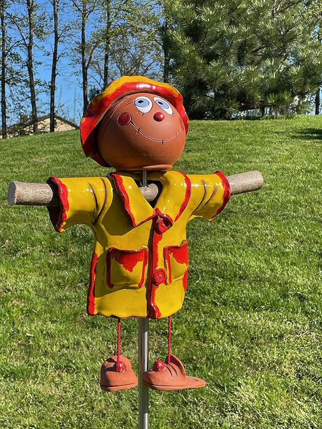 Ceramic Garden Decor - Scarecrow Lawn stake, yellow - Outdoor statue - Perfect, unique gifts for gardeners woman, men, yard gifts - Handmade, Frostproof