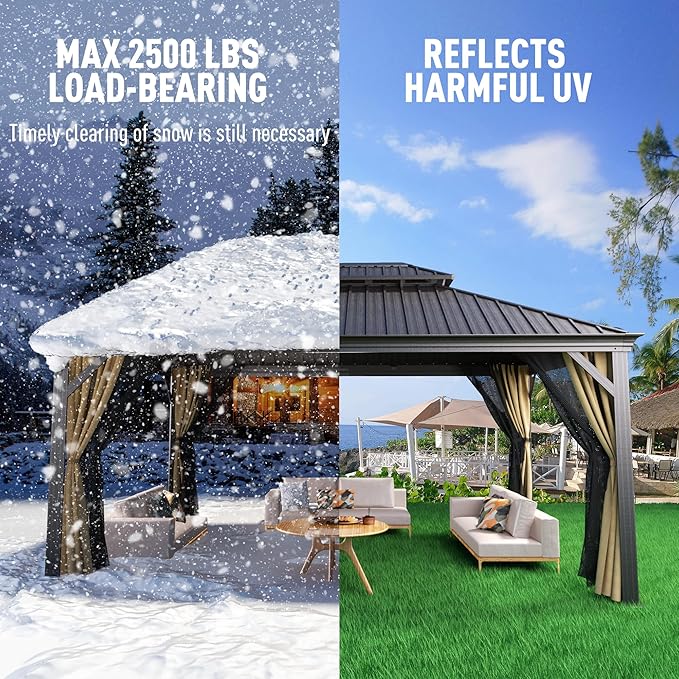 Hardtop Gazebo 12' x 16' with Mosquito Net and Privacy Sidewalls, Aluminum with Galvanized Steel Double Roof, Permanent Outdoor Gazebo for Patio, Garden, Lawn, Backyard.