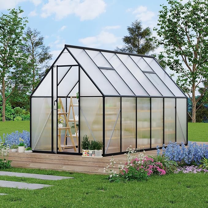 6x11 ft Aluminum Large Walk-in Greenhouses for Outside, Polycarbonate Greenhouse with Aluminum Frame, Greenhouse with Ventilation and Rain Gutter, Polycarbonate Greenhouses for Outdoors
