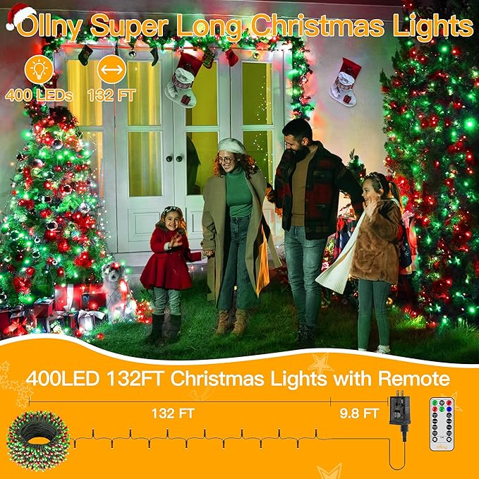 Ollny Christmas Lights 400LED 132FT, Remote Plug-in Red & Green Tree Lights with Timer and 8 Modes, Waterproof for Indoor/Outdoor Xmas Decorations