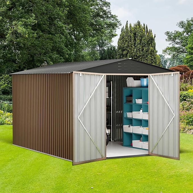 8x12 FT Outdoor Metal Storage Shed, Large Metal Storage Sheds with Sturdy Frame Structure, Garden Tool Shed with Lockable Door for Garden, Lawn, Backyard, Brown