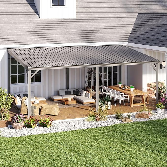 Domi 12’x20’ Wall-Mounted Hardtop Gazebo Pergola – Permanent Lean-to Outdoor Shelter with Sloped Galvanized Steel Roof & Upgraded Drainage – Gray Metal Patio Cover for Backyard, Deck, Garden