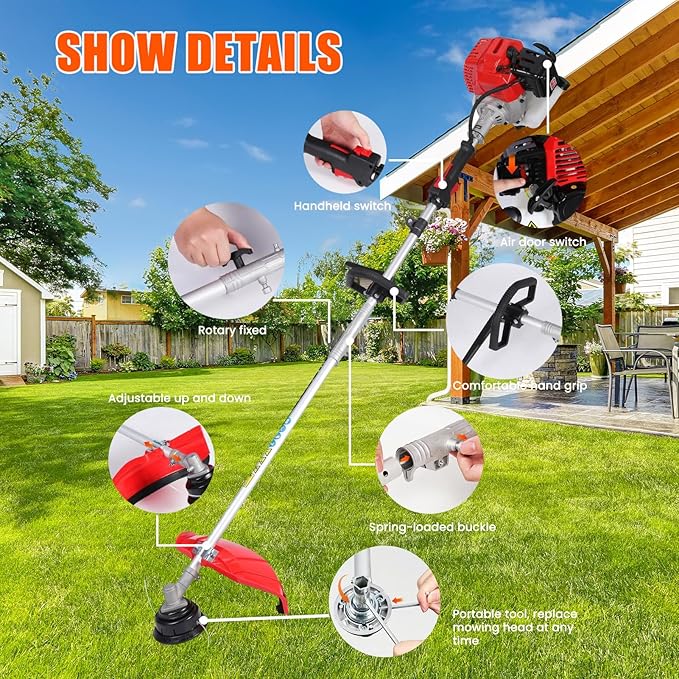 Weed Eater Gas Powered,52cc 2 Stroke Gas Weed Wacker, 5 in 1 Multi Functional Trimming Tools,Gas Hedge Trimmer,String Trimmer,Weed Eater,Brush Cutter,Pole Chainsaw with Extension Pole 9500rpm 2.3kw