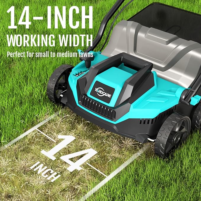 14-Inch Lawn Scarifier and Dethatcher, Powerful 13-Amp Electric Tool with 10.5 Gal Collection Bag, Adjustable Depth Settings & Safety Lock System