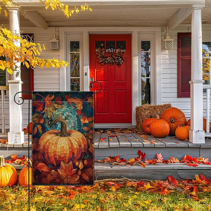 Garden Flags, Garden Flag, Stained Glass Style Pumpkin Maple Leaf Double-Sided Flags for Farmhouse Yard Outdoor Decoration-12 x 18inch (Pumpkin-4)