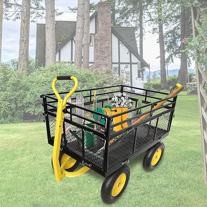 Heavy-Duty Steel Wagon Garden Cart – 1400 lbs Capacity, Removable Mesh Sides, 16" Tires, 2-in-1 Handle – Perfect for Garden, Farm, Yard, Black