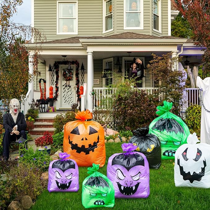 Qilery 18 Pcs Halloween Leaf Lawn Bags Plastic Pumpkin Trash Bags for Leaves with Twist Ties for Halloween Yard Garden Outdoor Party Favors Decorations