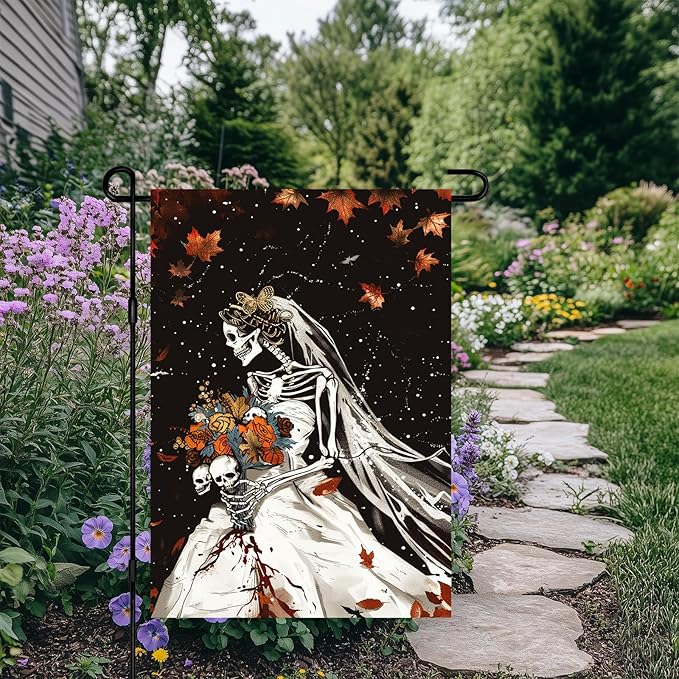 Halloween Horror Garden Flag 12x18 Inch Bloody Skeleton Bride Skull Flower Bouquet Flag Outdoor Yard Decoration House Banner Porch Lawn Patio Home Decor
