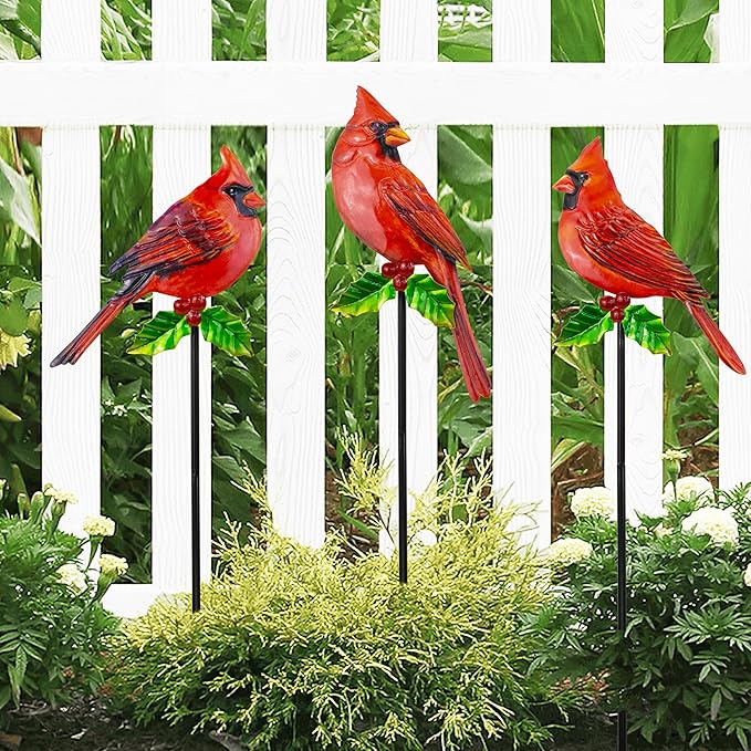 3 Pack Red Birds Metal Decorative Garden Stakes - 20 Inch Shaker Patio Decor Art and Rust Resistant Metal Garden Decor for Indoor and Outdoor Decor - Perfect for Patio and Lawn Ornaments