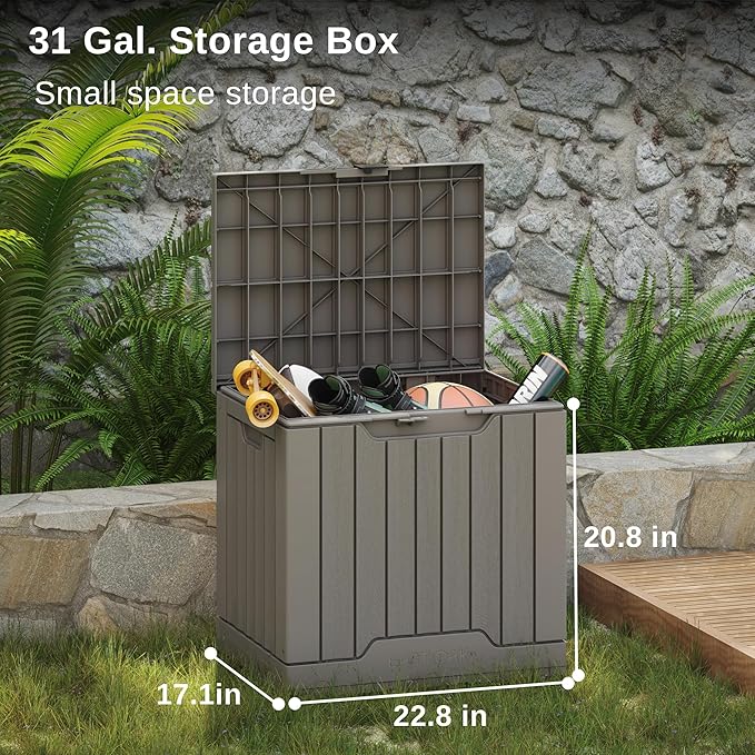 EAST OAK Outdoor Storage Box, 31 Gallon Deck Box Indoor and Outdoor Use, Waterproof Resin Storage Bin with Latch for Patio Cushions, Gardening Tools, UV Resistant, Grey