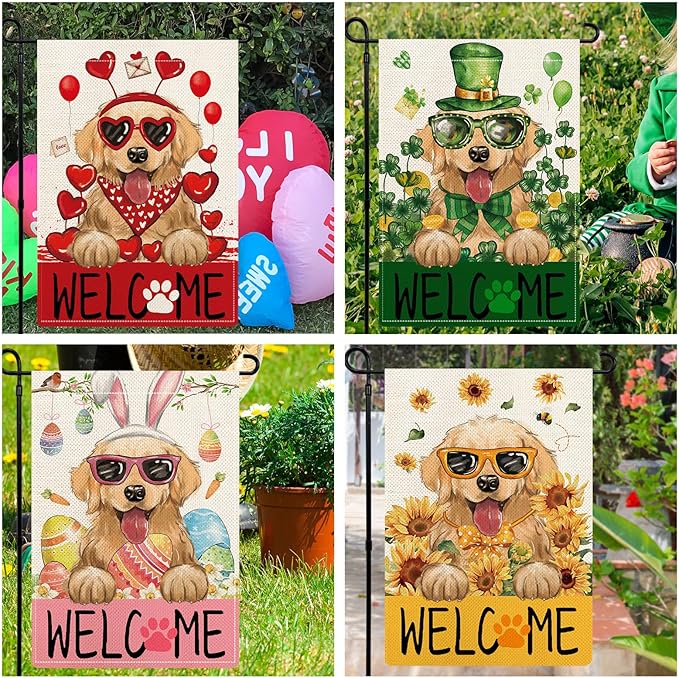 Golden Retriever Garden Flags for Outside Set of 12, Puppy Dog Welcome Garden Flags 12x18 Double Sided for All Seasons and Holidays, Spring Easter Yard Lawn Flags for Farmhouse Outdoor Decor