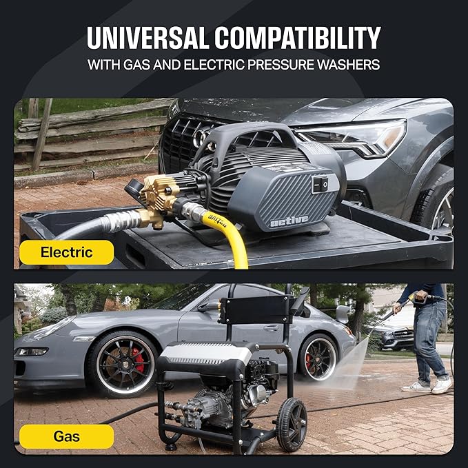 Active Swivel Pressure Washer Gun with an inbuilt 3/8” inlet male swivel plug for pressure washer hose and 1/4” female quick connect for nozzles, wands & foam cannon for home car wash and detailing.
