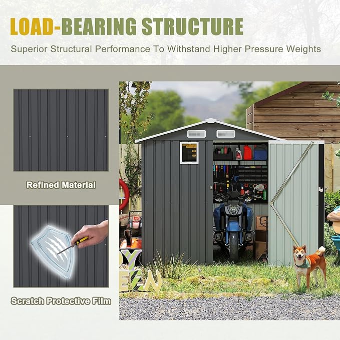 6x8 FT Outdoor Metal Storage Shed with Lockable Door, Steel Garden Utility Shed with Vents and Window, Backyard Patio Tool Shed for Lawn Equipment, Bike, Firewood and Mower Storage, Gray