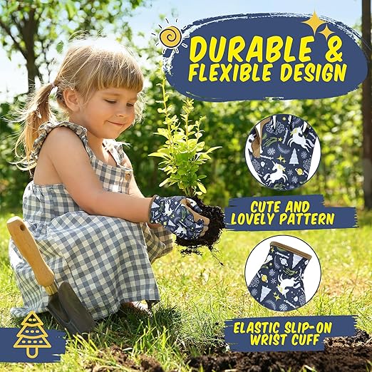 HANDLANDY 2 Pairs Kids Genuine Leather Gardening Gloves for ages 3-11, Children Toddler Work Outdoor Playing Gloves for Boys Girls Gift (Small (for age 2-4), Blue)