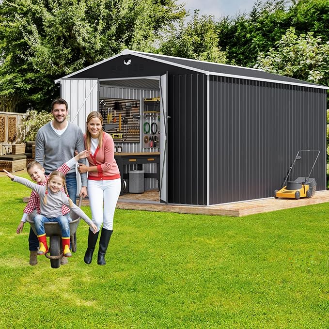10x14 FT Outdoor Storage Shed, Metal Shed with Lockable Door, Large Heavy Duty Tool Sheds, Outside Waterproof Storage Building